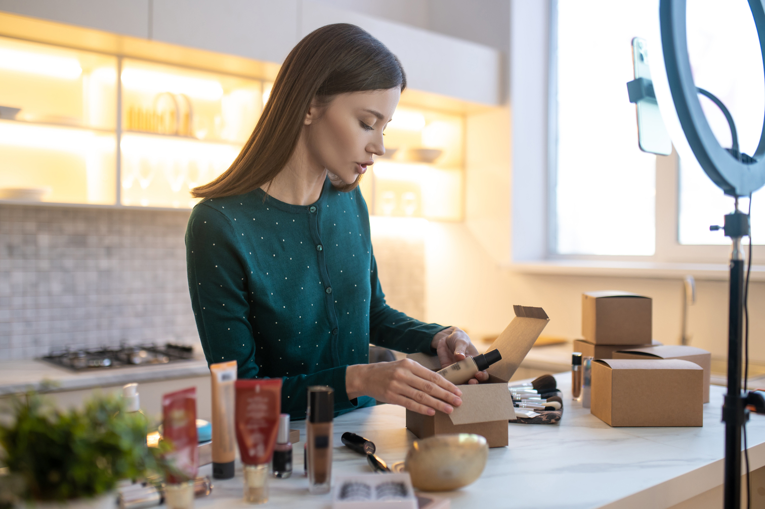 D2C beauty founder preparing products